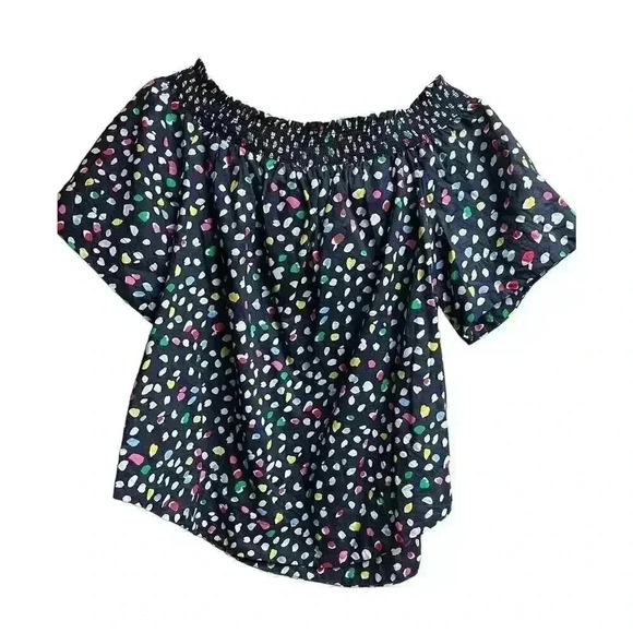 J.Crew Navy Blue Multi Confetti Ratti Happy Cat Print Off the Shoulder Top 8 - Picture 7 of 7